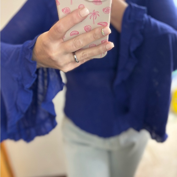 Free People NWT So Dramatic Vibrant Blue Bell Sleeve Blouse - Picture 6 of 9